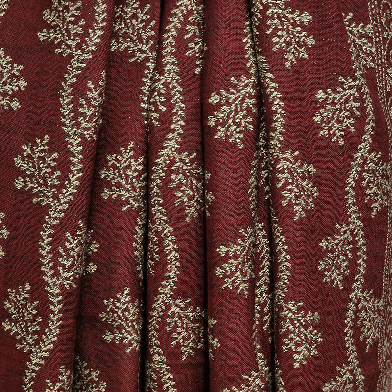 Pure Wool Silver Zari Floral Embroidery Stole - Wine Red