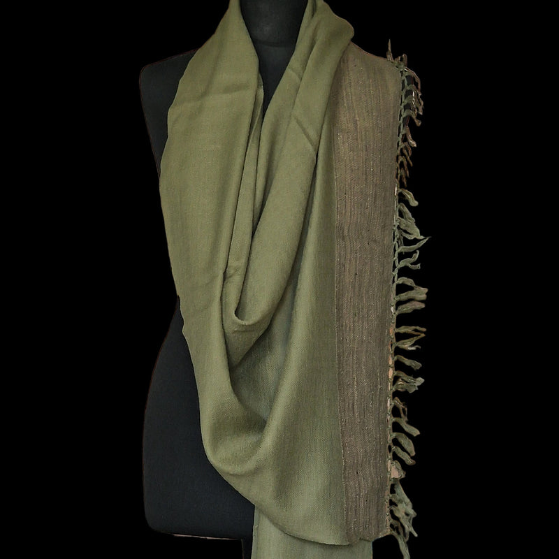 Sage Green Yak Wool Shawl – Handspun Fine Wool, Brown Raw Borders, Artisan Crafted - Baga Ethnik Living Default Title Accessories:Scarves & Wraps