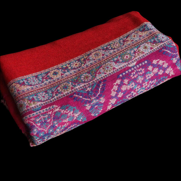 Authentic Luxury Soft Kashmir Border Red Kani Weave Pashminas - Berries Red