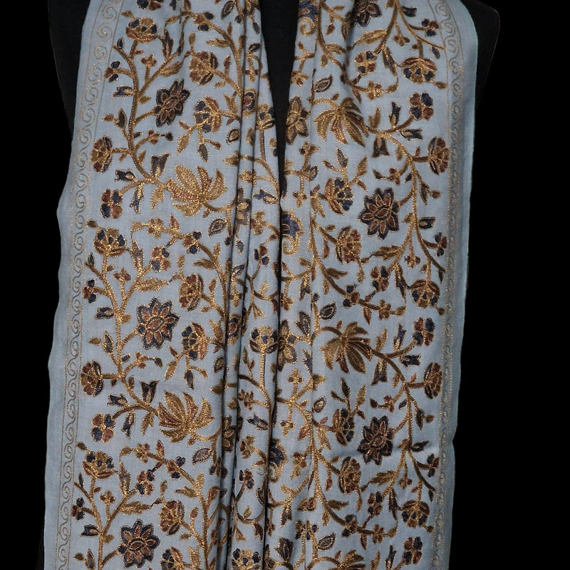 Pure Pashmina Gold Floral Design Nalki Embroidery Stole – Mist Blue