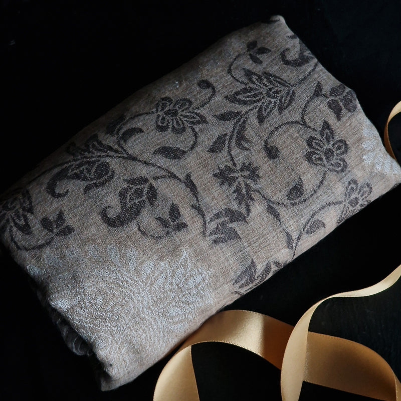 Kani-Style Woven Floral Luxury Pashmina Soft Stole – Cream & Black