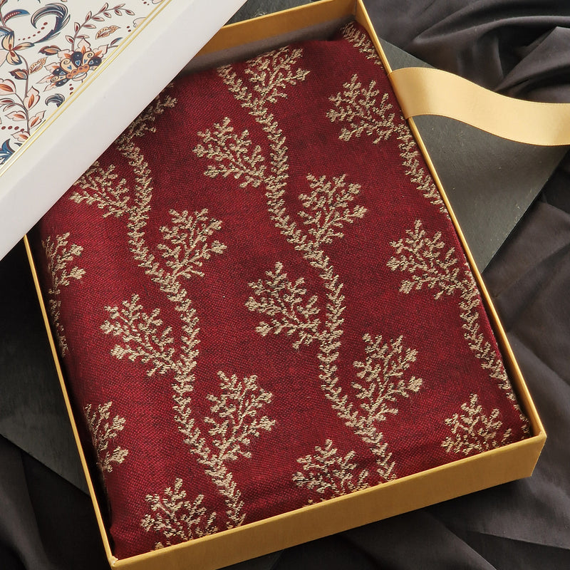 Pure Wool Silver Zari Floral Embroidery Stole - Wine Red