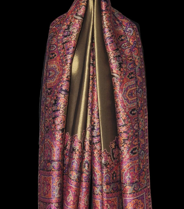 Moonlight Pashmina – Gold-Fuscia Two-Tone Darbar Kani Shawl