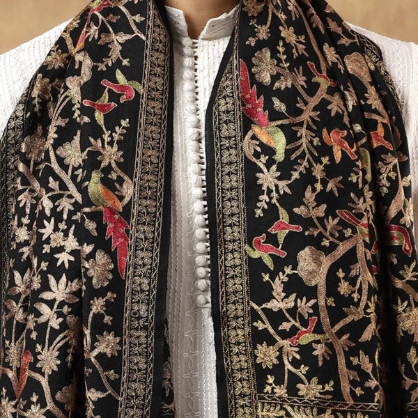 Shikaar-e-Kashmir – Black Pashmina Wool Shawl with Tilla Embroidery