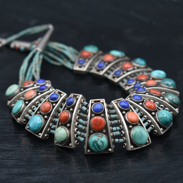 Vintage Coral Turquoise Lapis Silver Sterling Handmade Necklace Jewellery - Baga Ethnik Living