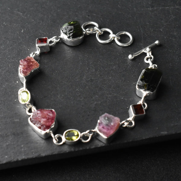 Handcrafted Raw Gemstone Bracelet with Garnet, Peridot, Tourmaline and Emerald - Baga Ethnik Living