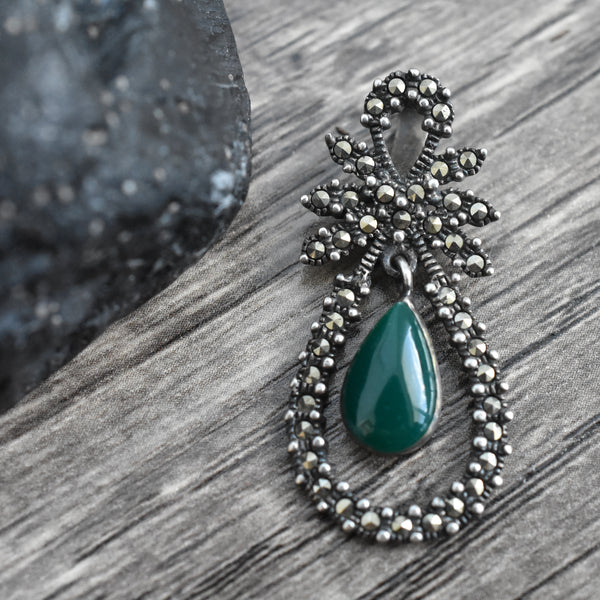 Handmade Detailed Green Jasper Marcasite Silver Sterling 925 Pendant - Baga Ethnik Living
