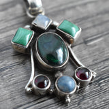 Malachite, Garnet,Green Aventurine, Moonstone Silver Sterling Pendant - Baga Ethnik Living