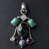 Malachite, Garnet,Green Aventurine, Moonstone Silver Sterling Pendant - Baga Ethnik Living