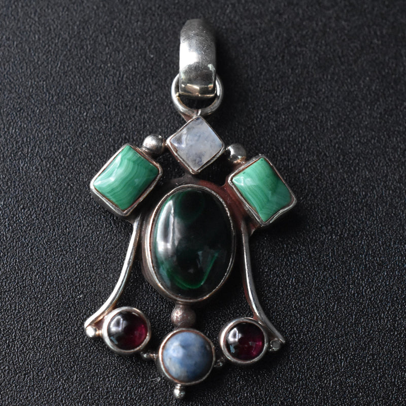 Malachite, Garnet,Green Aventurine, Moonstone Silver Sterling Pendant - Baga Ethnik Living