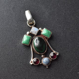 Malachite, Garnet,Green Aventurine, Moonstone Silver Sterling Pendant - Baga Ethnik Living