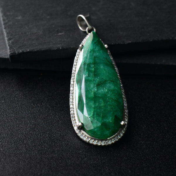Raw Natural Emerald Gemstone Silver Sterling Pendant - Baga Ethnik Living