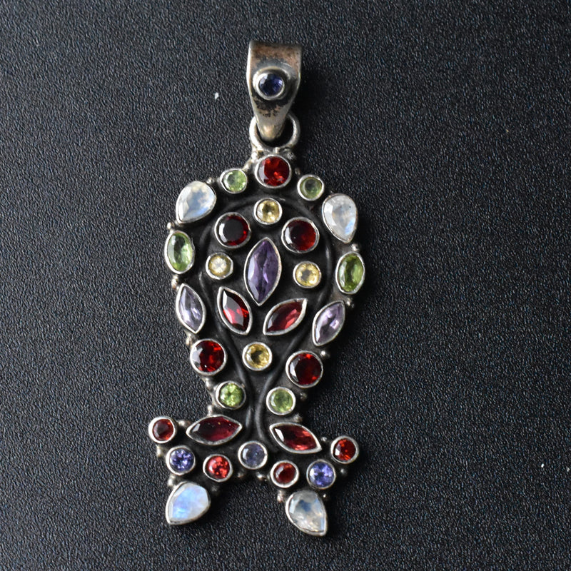 Faceted Multi-stone Himalayan Sterling Silver 925 Pendant - Baga Ethnik Living