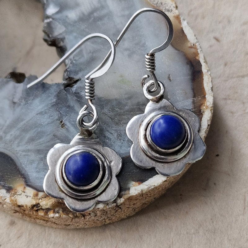 Nepali Lapis Lazuli Silver Flower Design 925 Hook Earrings Baga Ethnik Living