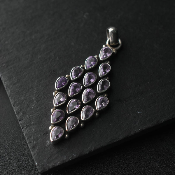 Faceted Amethyst Gemstone Diamond Shaped Silver Sterling 925 Pendant - Baga Ethnik Living