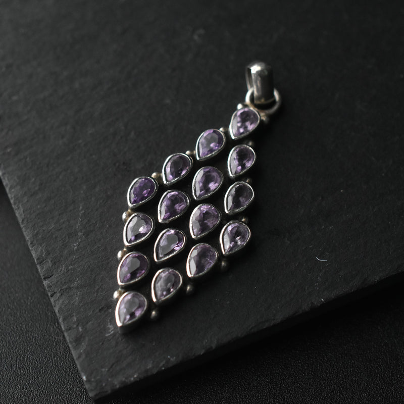 Faceted Amethyst Gemstone Diamond Shaped Silver Sterling 925 Pendant - Baga Ethnik Living