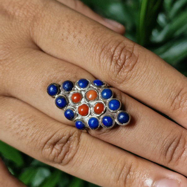 Vintage Lapiz and Coral Tibetan Silver Ring