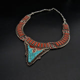 Detailed Coral and Turquoise Cabochon Himalayan Silver Necklace - Baga Ethnik Living
