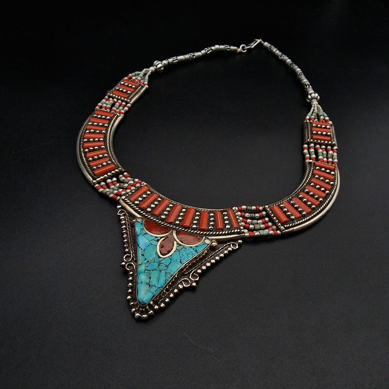 Detailed Coral and Turquoise Cabochon Himalayan Silver Necklace - Baga Ethnik Living