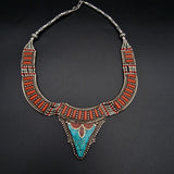 Detailed Coral and Turquoise Cabochon Himalayan Silver Necklace - Baga Ethnik Living