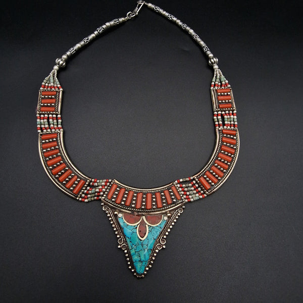 Detailed Coral and Turquoise Cabochon Himalayan Silver Necklace - Baga Ethnik Living