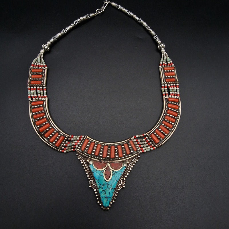 Detailed Coral and Turquoise Cabochon Himalayan Silver Necklace - Baga Ethnik Living