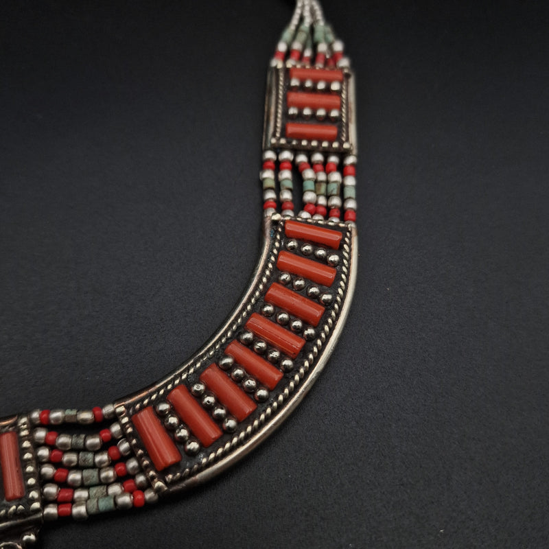 Detailed Coral and Turquoise Cabochon Himalayan Silver Necklace - Baga Ethnik Living
