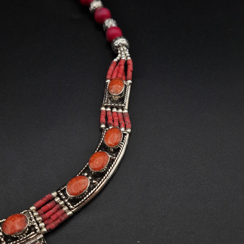 Handmade Coral Inlay Tibetan Silver Himalayan Necklace Jewellery - Baga Ethnik Living