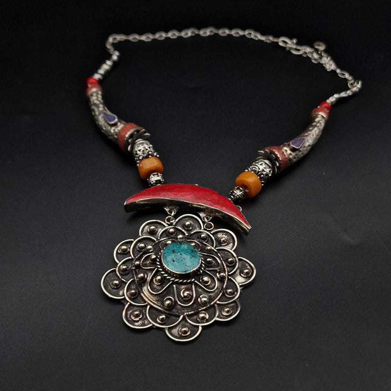 Wonderous Tibetan Multi-Stone Handcrafted Silver Necklace