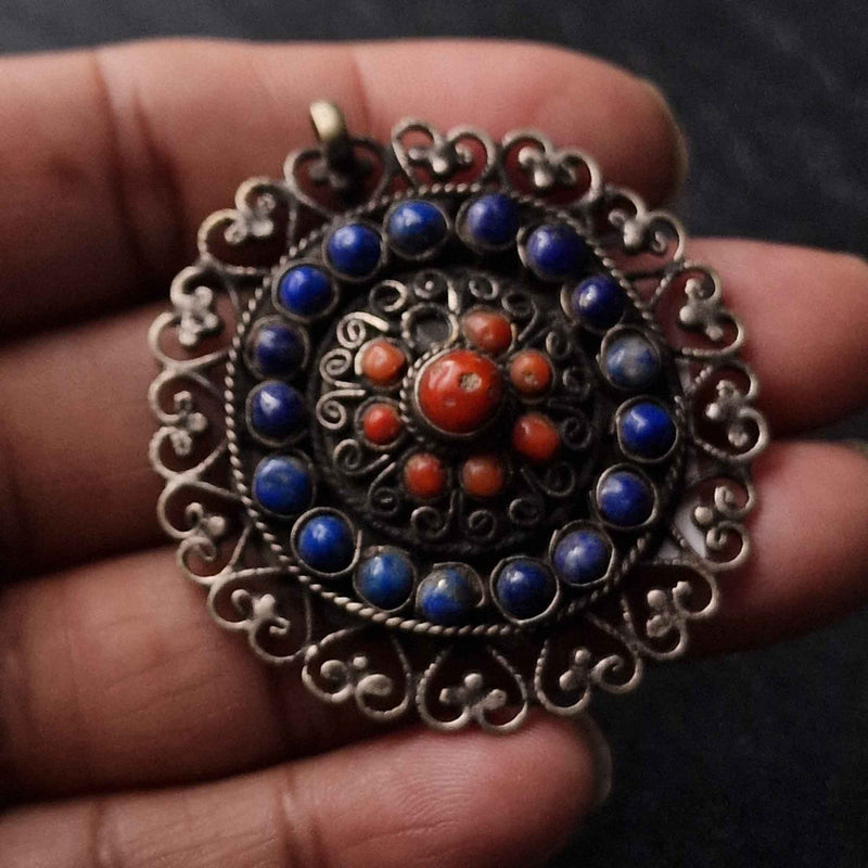Remarkable Handmade Coral and Lapis Silver Sterling 925 Pendant - Baga Ethnik Living