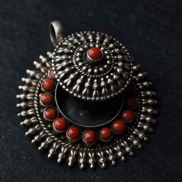 Stunning Handmade Coral Gau Amulet Silver Pendant - Baga Ethnik Living