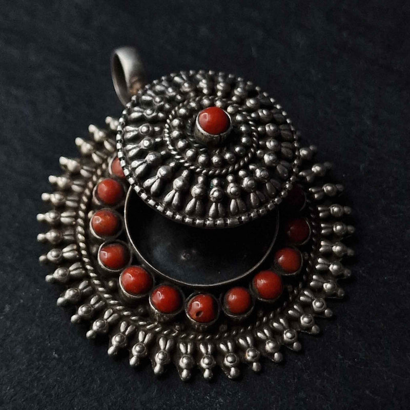 Stunning Handmade Coral Gau Amulet Silver Pendant - Baga Ethnik Living