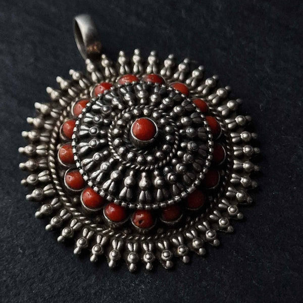 Stunning Handmade Coral Gau Amulet Silver Pendant - Baga Ethnik Living