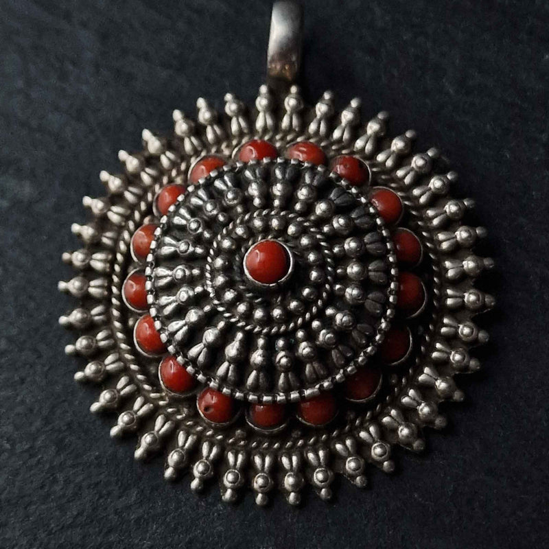 Stunning Handmade Coral Gau Amulet Silver Pendant - Baga Ethnik Living