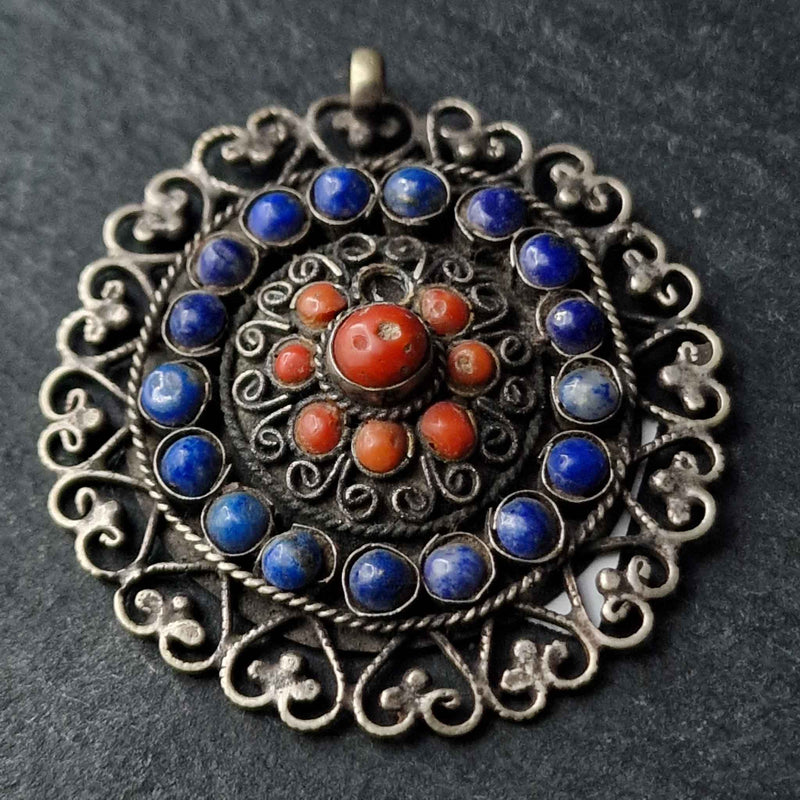 Remarkable Handmade Coral and Lapis Silver Sterling 925 Pendant - Baga Ethnik Living