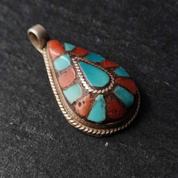 Turquoise and Coral Inlay Tear Drop Silver Pendant - Baga Ethnik Living