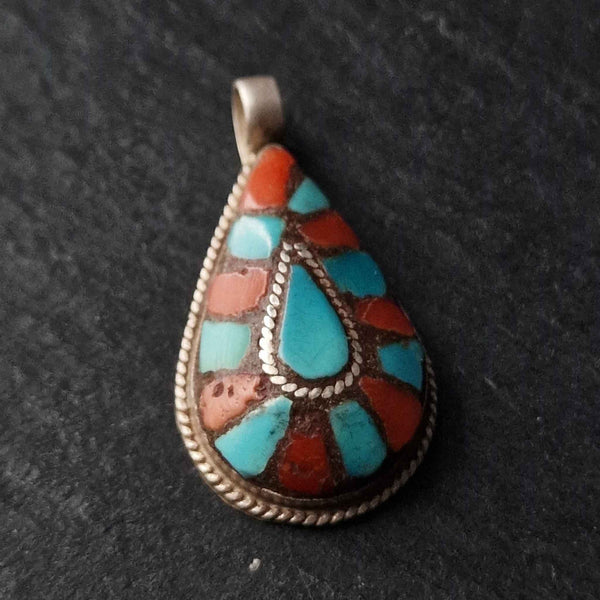 Turquoise and Coral Inlay Tear Drop Silver Pendant - Baga Ethnik Living