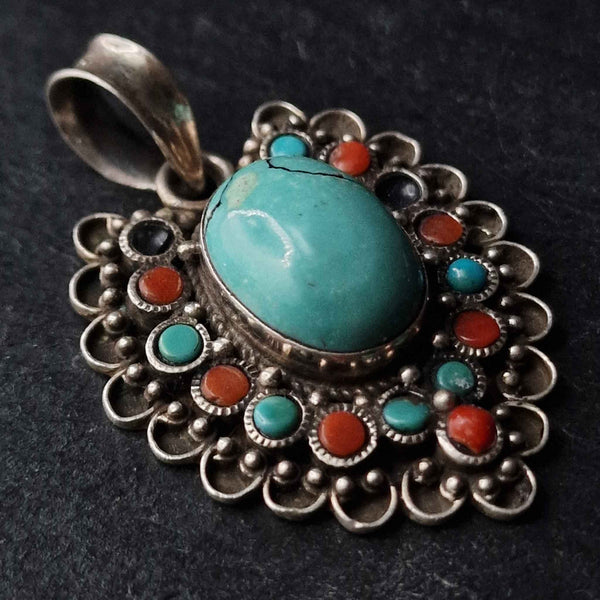Stunning Coral and Turquoise Cabochon Silver Sterling Pendant - Baga Ethnik Living