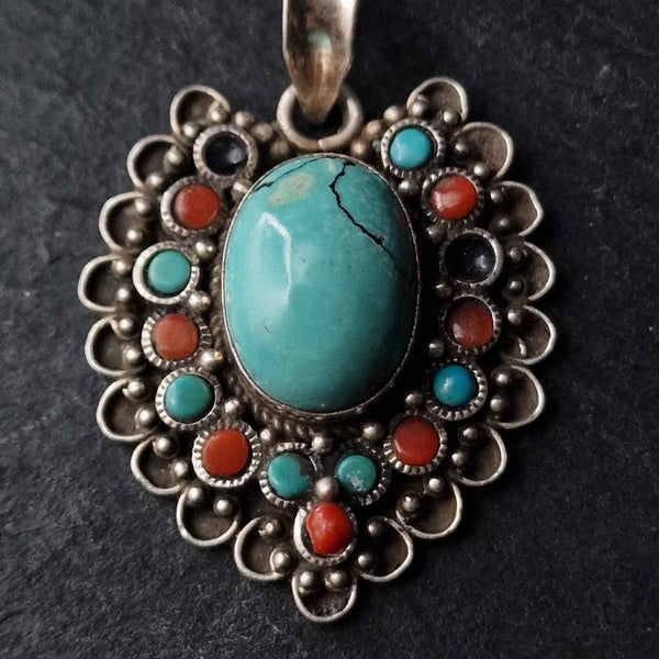 Stunning Coral and Turquoise Cabochon Silver Sterling Pendant - Baga Ethnik Living