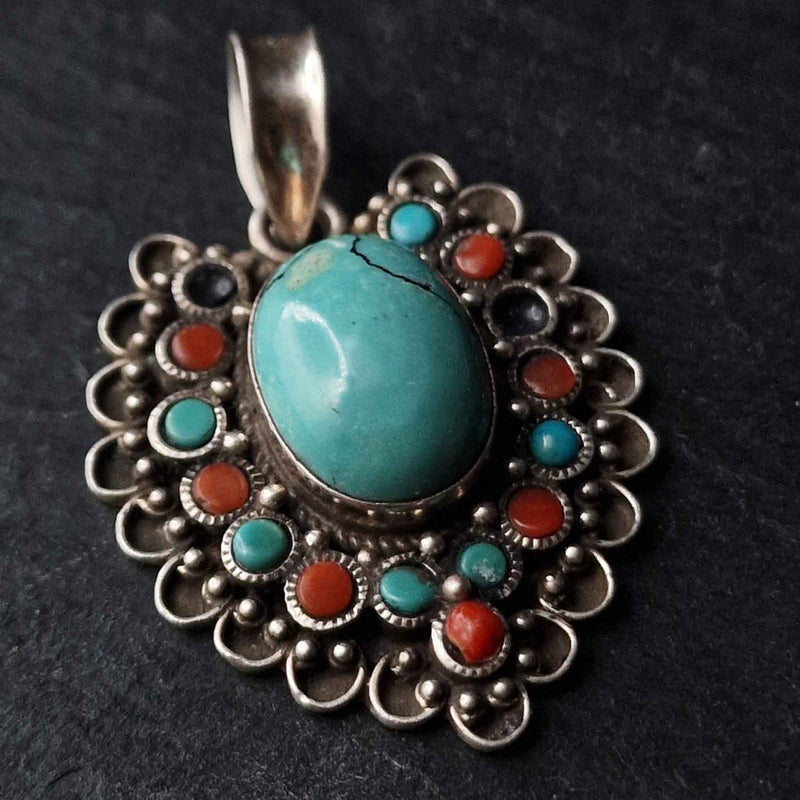 Stunning Coral and Turquoise Cabochon Silver Sterling Pendant - Baga Ethnik Living