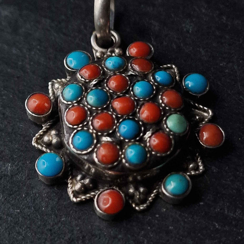 Turquoise and Coral Silver Sterling 925 Pendant - Baga Ethnik Living