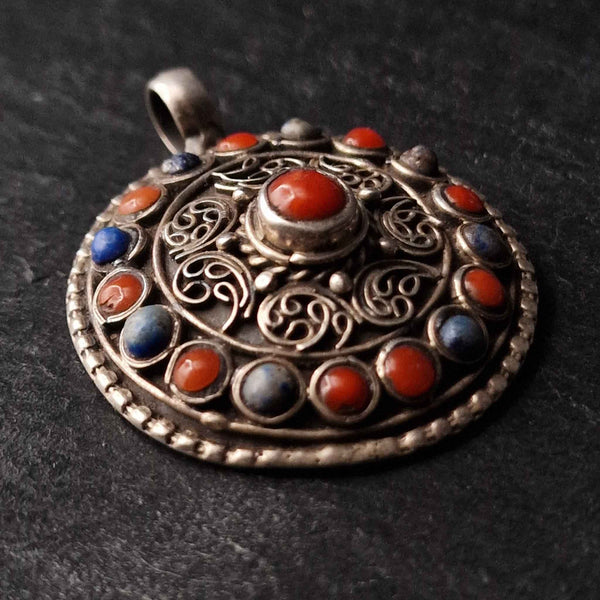 Handcrafted Auspicious Mandela Lapis and Coral Silver Pendant - Baga Ethnik Living