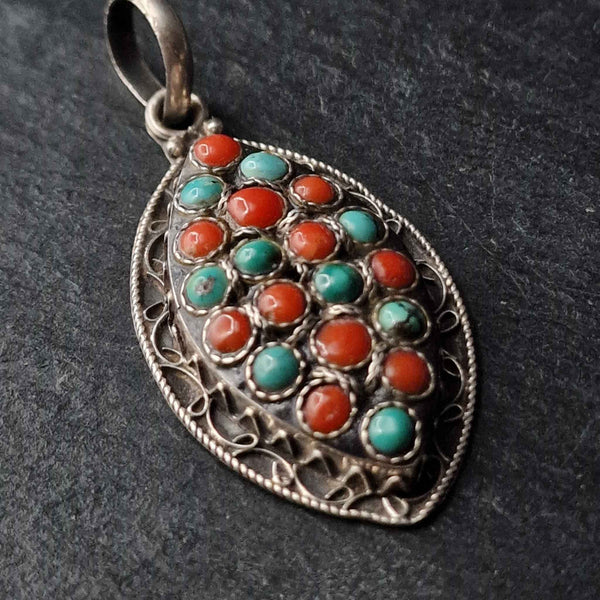 Striking Turquoise and Coral Combo Silver Sterling 925 Pendant - Baga Ethnik Living