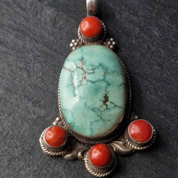Handmade Vintage Turquoise and Coral Silver Sterling 925 Pendant - Baga Ethnik Living