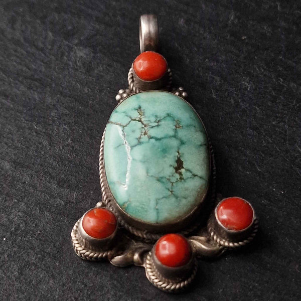 Handmade Vintage Turquoise and Coral Silver Sterling 925 Pendant - Baga Ethnik Living