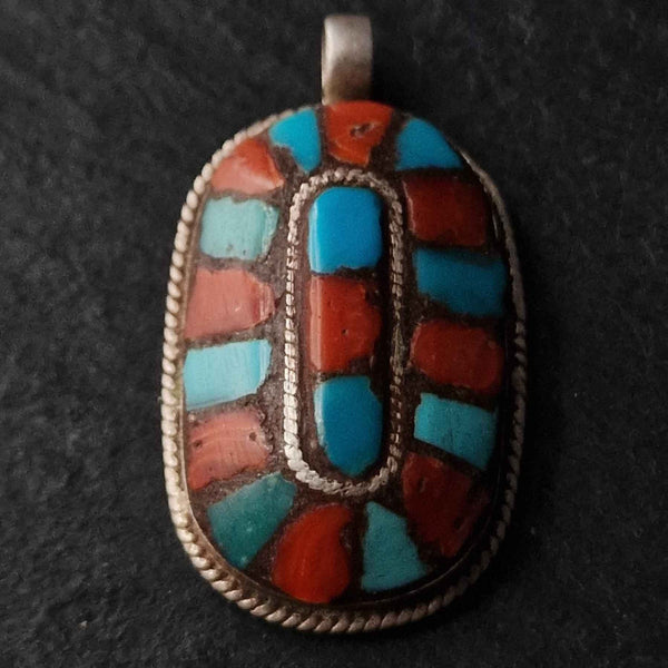 Vintage Turquoise and Coral Sterling Silver Pendant