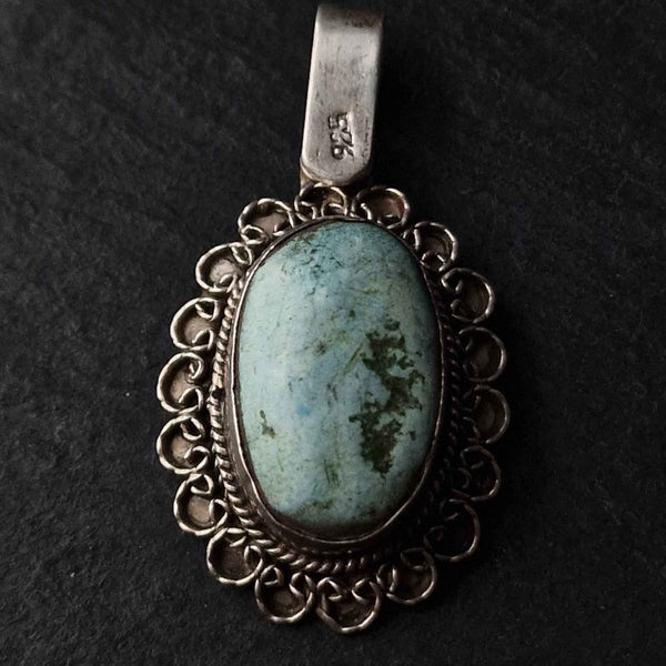 Handcrafted Vintage Turquoise Tibetan 925 Sterling Silver Pendant - Baga Ethnik Living