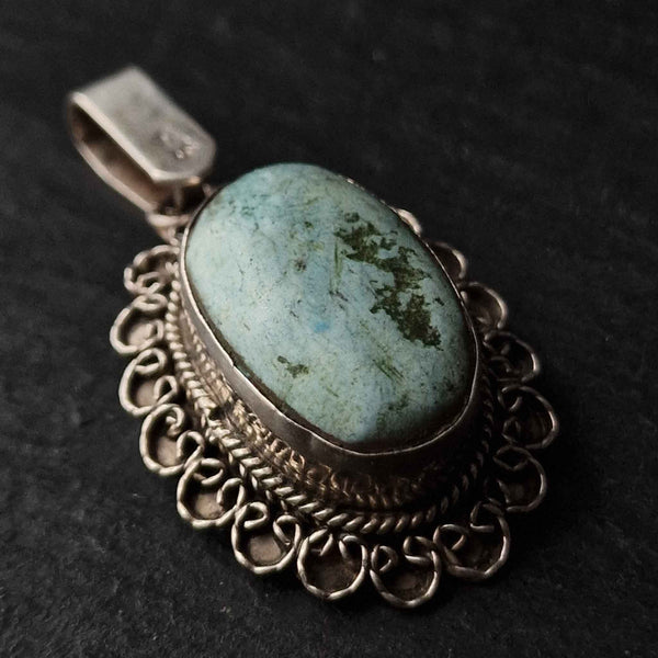 Handcrafted Vintage Turquoise Tibetan 925 Sterling Silver Pendant - Baga Ethnik Living