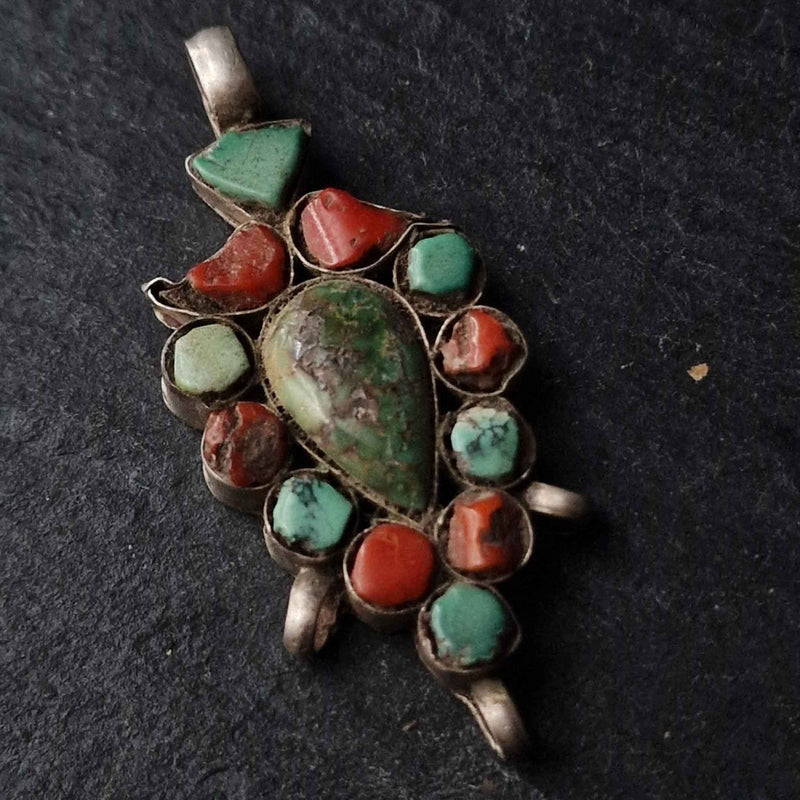 Stunning Handcrafted Mid Century Modern Turquoise Coral Sterling Silver Pendant - Baga Ethnik Living