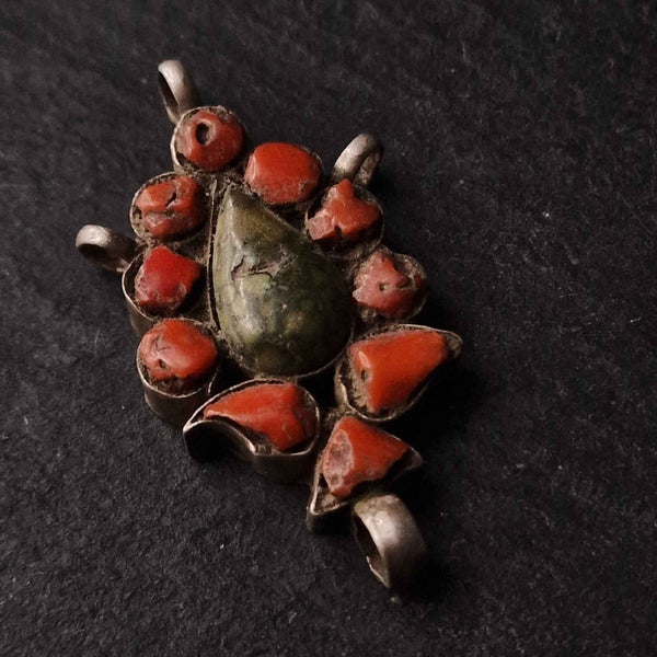 Mid Century Turquoise and Coral Sterling Silver Pendant - Baga Ethnik Living